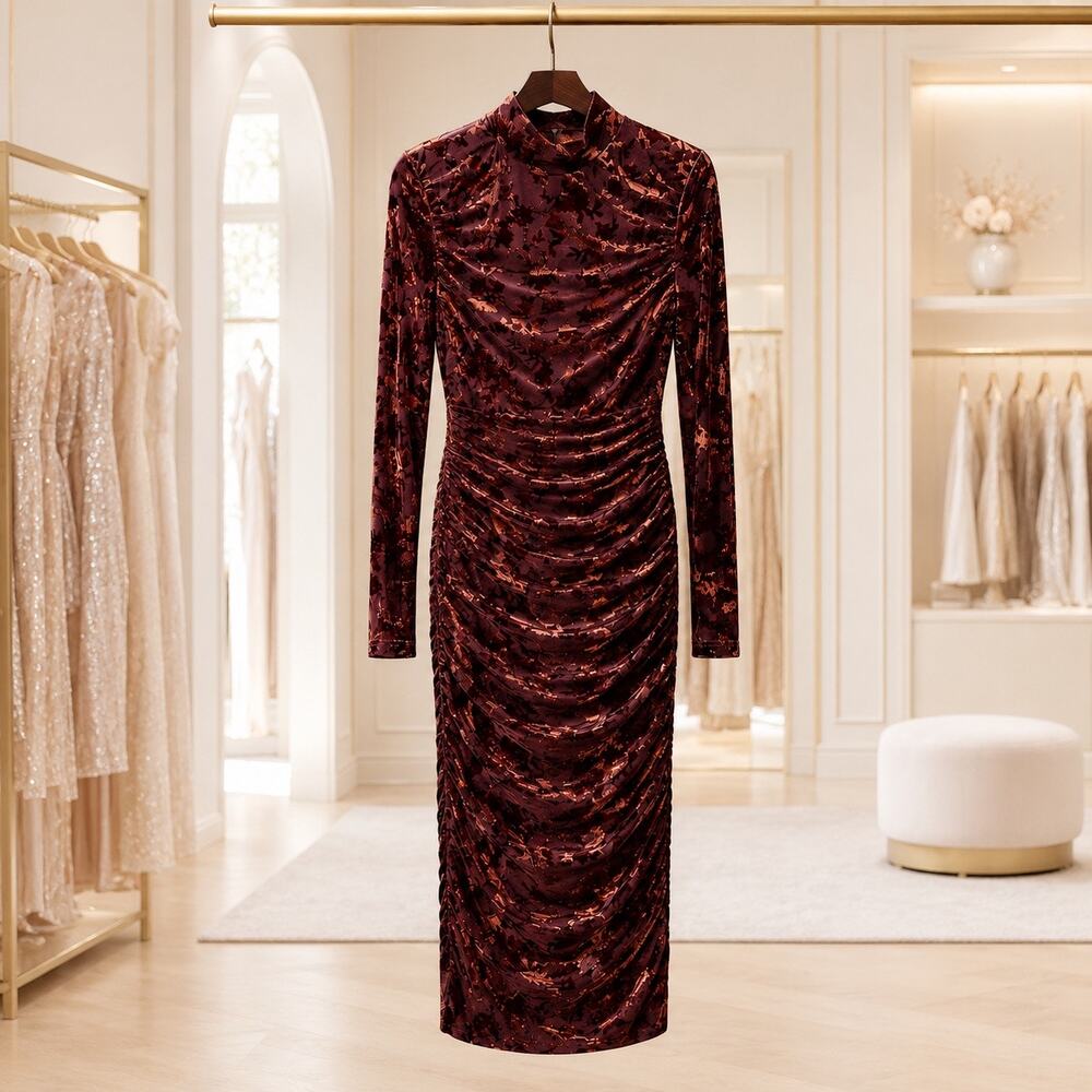 Belle Badgley Mischka Kendall Copper Velvet Burnout Ruched Midi Dress NWT Sz 8